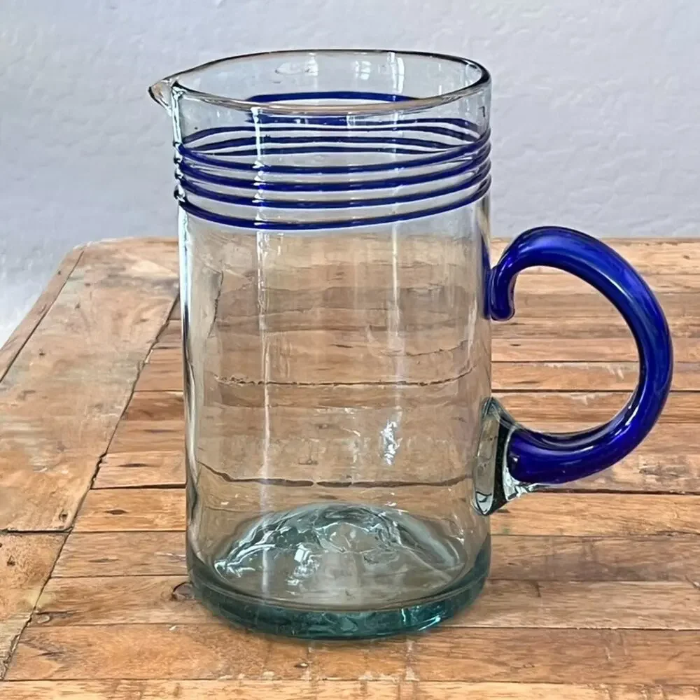Mexico Hand Blown Art Glass Pitcher 9